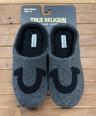 True Religion Slippers Mens Small 7-8 Gray Black Faux Wool 