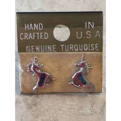 Vtg Genuine Turquoise Unicorn Post Back Earrings USA 82 Sterling Silver SORG
