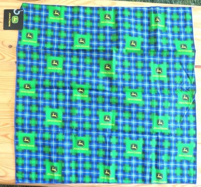 JOHN DEERE Cotton Bandana + Classic Deer Logo Green Blue Plaid 21'' x 21'' - NEW