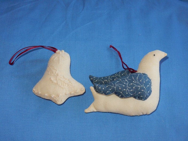 Vintage Handmade Muslin Christmas Ornament Bell Candlewicking & Dove