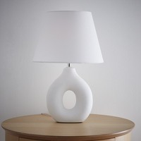 White Ceramic Table Lamp with a White Cotton Drum shade and decorative finish