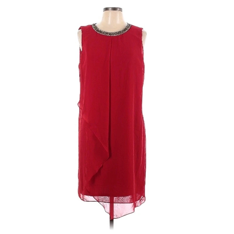 MSK Vestido de Cóctel Rojo Verdadero Chifón Embellecido Escote Funda Romántico Talla 12 Foto 2 de 4