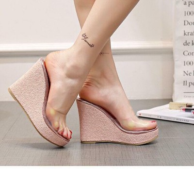 Women's Girls Mules Clear High WedgeS 