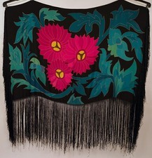 EXCEPTIONAL 1920  S HAND PANTED FLORAL SILK SHAWL W LONG SILK FRINGE
