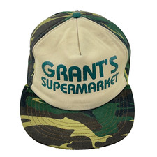 Vintage Grants Supermarket Trucker Hat Cap Green Camo Made In USA 80s Army WV