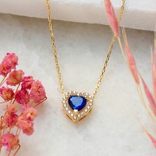 Sapphire Necklace, Solid 14K Gold Heart Necklace, Minimalist Sapphire Necklace