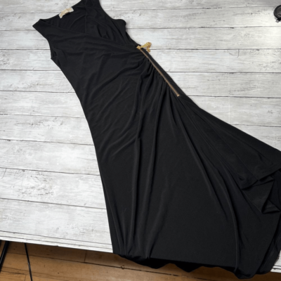 slim fit dress slacks Michael Kors Black Ruched With Gold Size Zipper Asymmetrical Hem Maxi  Dress(Size XL)