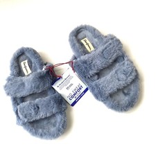 DEAR FOAMS New 49 Womens Small 5-6 Blue Faux Fur Soft 2 Strap Slip On Slippers