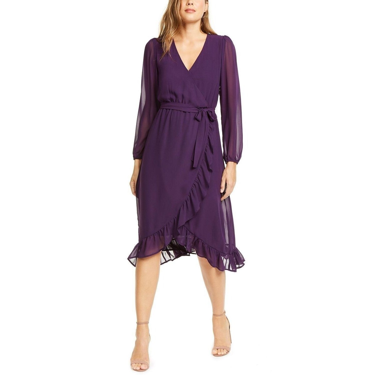 purple ruffle wrap dress Lavender Cotton Linen Ruffle Midi Wrap Dress 60" / Regular (5'2"