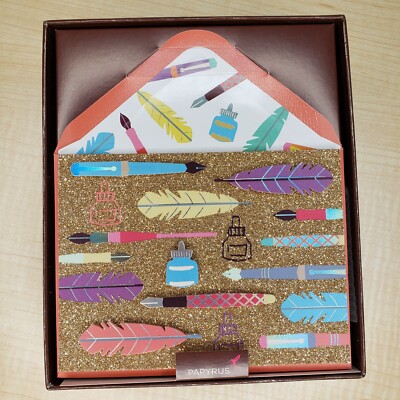 Papyrus Boxed Note Cards NIB Feather Ink 8 Handmade Notes 8 Lined Envelopes