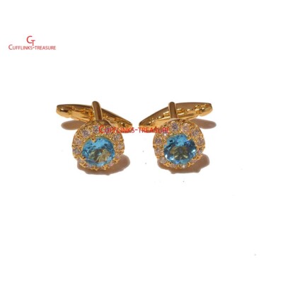 Natural Blue topaz & CZ Gemstones 925 Sterling Silver Gold Plated Cufflinks #677