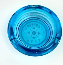 Vintage Crossroads West Blue Glass Ashtray Barware Cigarette Bar