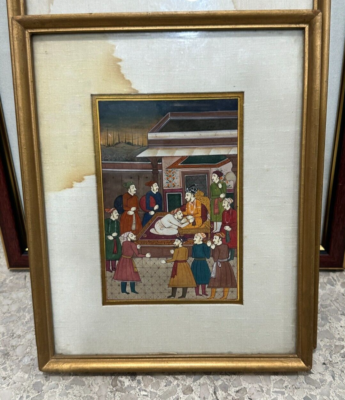 India Miniature Painting Of Mughal Court Scene With Frame Vintage