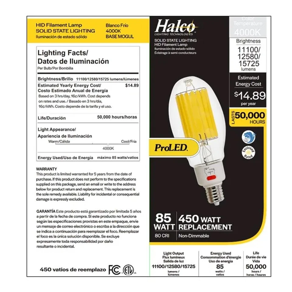 Halco 84908 ED37 LED Filament Bulb 60/68/85W 15725lm 4000K 120-277V Mogul Base - Image 2 of 4