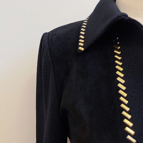 St John Marie Gray Black Gold Paillettes Santana Knit Zip Up Suede Jacket 4 - Picture 4 of 12