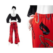 Vintage 1970s Wide Leg Pants 70s Bracelet Novelty Print Red Jersey High Waist