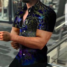 Camisa con botones hombre fiesta manga corta estampado tigre verde Vestir Sedoso