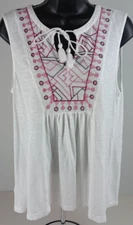Loft Outlet Women's Size M White Tank Top Pink Embroidery Tassel Tie Neckline