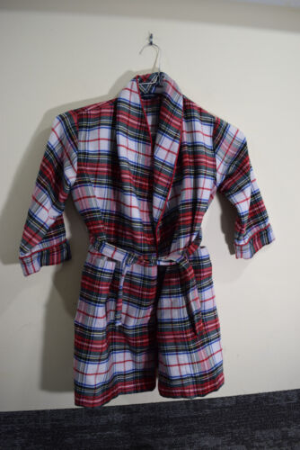 Lands End Kids 5/6 S Plaid Striped Flannel Belted Robe L321 - Picture 1 of 6