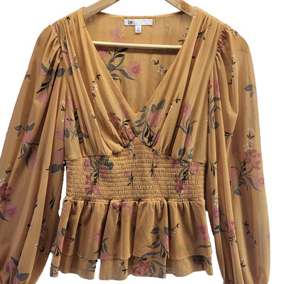 DR2 Daniel Rainn Tunic Top Womens XS Tan Floral Boho Popover Flowy