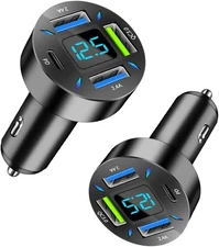 2-Pack 4-Port USB Car Charger w/ Voltmeter PD 3.1 QC 3.0 Fast Charging Black