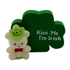 Vintage Russ St Patrick  s Day Flocked Teddy Bear Proud To Be Irish Shamrock 1.75