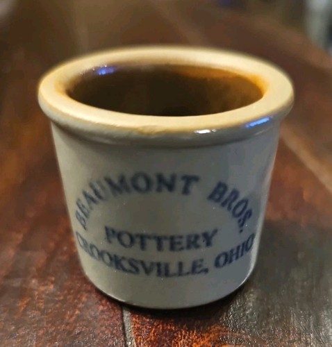 Miniature Salt Glaze Crock Beaumont Bros Pottery Crooksvile Ohio Stoneware Blue