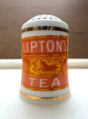 Vintage Lipton s Tea Advertising Thimble   Fine Porcelain   Gold Trim - Trinket