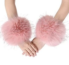 Women's Leopard Print Faux Fur Wrist Cuffs,Winter Fox Furry Pink With Tips