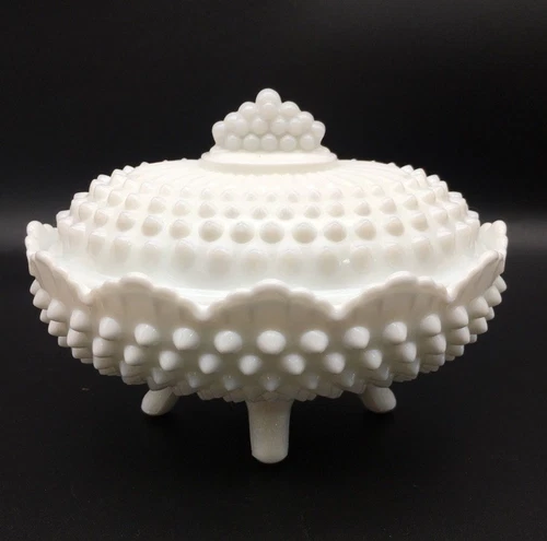 Vintage Fenton White Milk Glass Hobnail Oval Footed Candy Dish