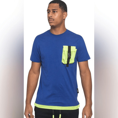 NWT Switch Men s Blue Short Sleeve Utility Tee Shirt 3D Yellow Buckle Pocket 2XL