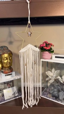 Handmade Star Macrame Tapestry with Amethyst Crystal, Glitter Gold Yarn Wall Art
