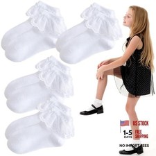 4 Pairs Girls White Ruffle Socks - Lace, Frilly, Princess Dress Socks