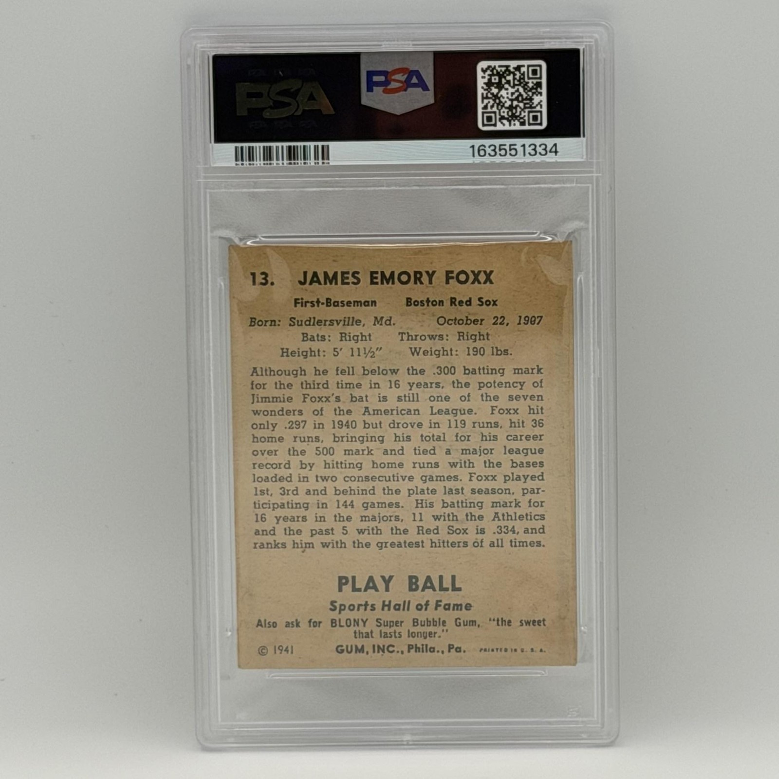 1941 Play Ball Jimmie Foxx #13 PSA 2 Boston Red Sox MLB HOF Card Vintage view 2