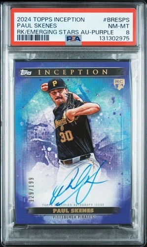 2024 TOPPS INCEPTION PAUL SKENES RC AND EMERGING STAR AUTO PURPLE 199 PSA 8 2975