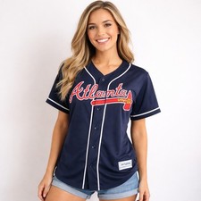 New Atlanta Braves Majestic Baseball Jersey Navy Button Front MLB Large Game Day