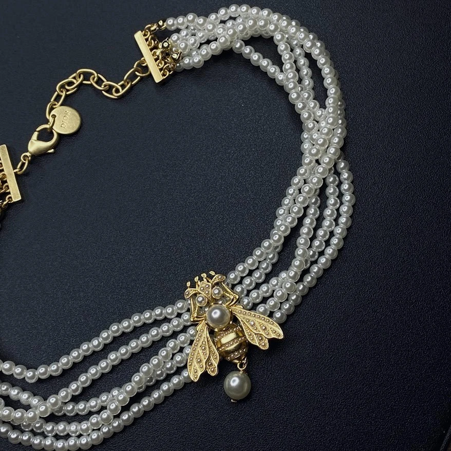 Christian Dior Gold Pave Crystal Bee Charm Pearl Choker Necklace - Image 4 of 4