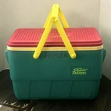 Vintage Retro 1992 IGLOO Picnic Basket Cooler Teal Pink Yellow Summer Texas