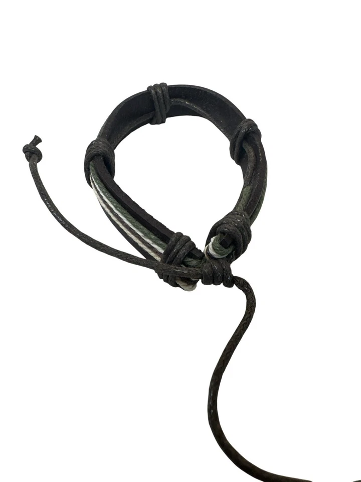 Pulsera de cordón de cuero ajustable con rayas oliva y crema unisex hombre mujer Foto 2 de 2