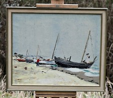 Coastal Marine Scene With Fisherman And Boats, Oil On Canvas Painting, Germany