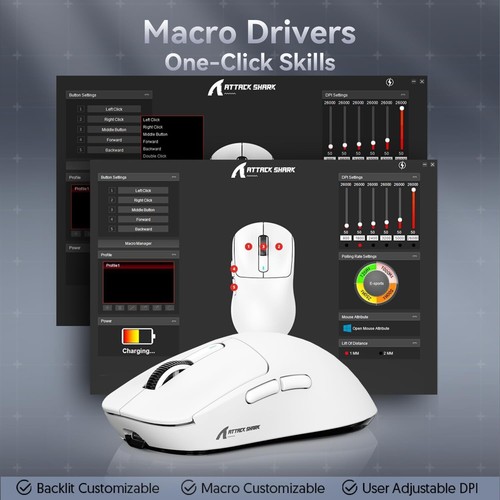 ATTACK SHARK X3 49g SUPERLIGHT Gaming Mouse White Bianco BT/2.4 Wireless/Wired - Photo 4/12