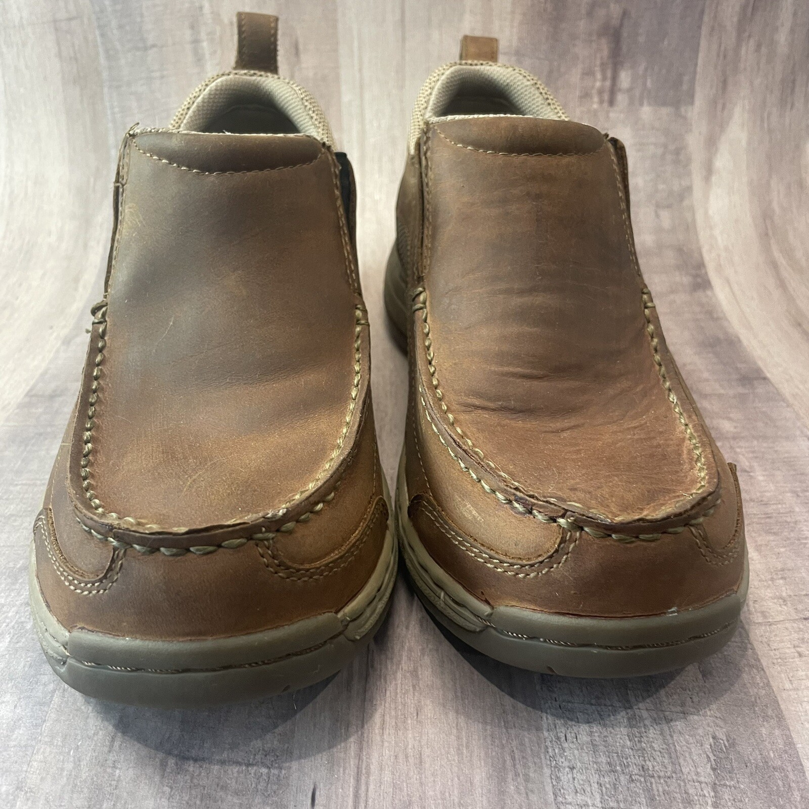 Cabelas Men's Boat Shoes Brown Moc Toe Leather Loafer… Gem