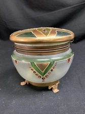 VTG Hand Painted Glass Trinket Dish W/Lid Metal Footed