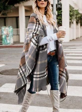 Women's Plaid Sweater Poncho Oversize Cape Coat Open Front Blanket Shawls Wraps