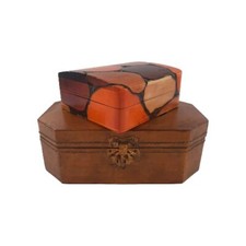 2x Wooden Keepsake Chests Handcrafted Vintage Asian Themed Brown Deko