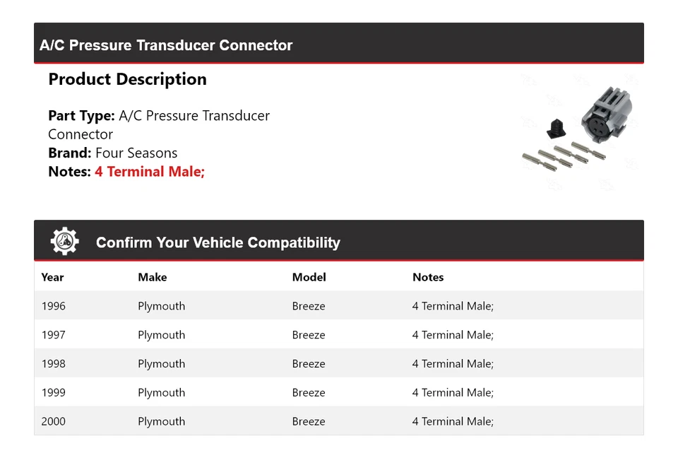 Conector transductor de presión de aire acondicionado Plymouth Breeze 1996-2000 4 estaciones 1997 Foto 2 de 4