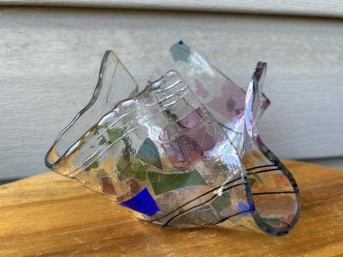 Pink Confetti Abstract Fused Glass Handkerchief Studio Art Glass Bowl 5" Signed