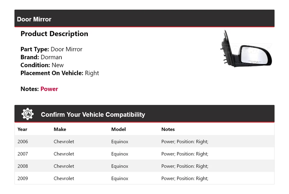 Espejo retrovisor derecho Chevrolet Equinox Dorman 2006-2009 2007 2008 Foto 2 de 4