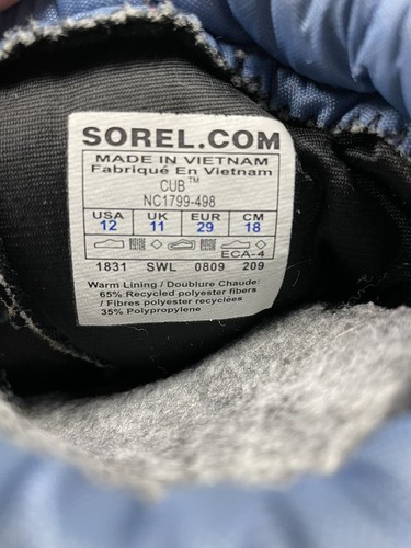 Sorel Cub Waterproof Boot Kids Size 12 Blue, Removable Liner, Snow Boot - Picture 4 of 5