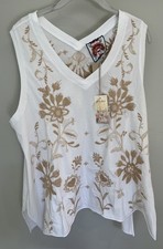 NWT Johnny Was 100 Cotton White Beige Embroidered Danica V Neck Tank 120 XS